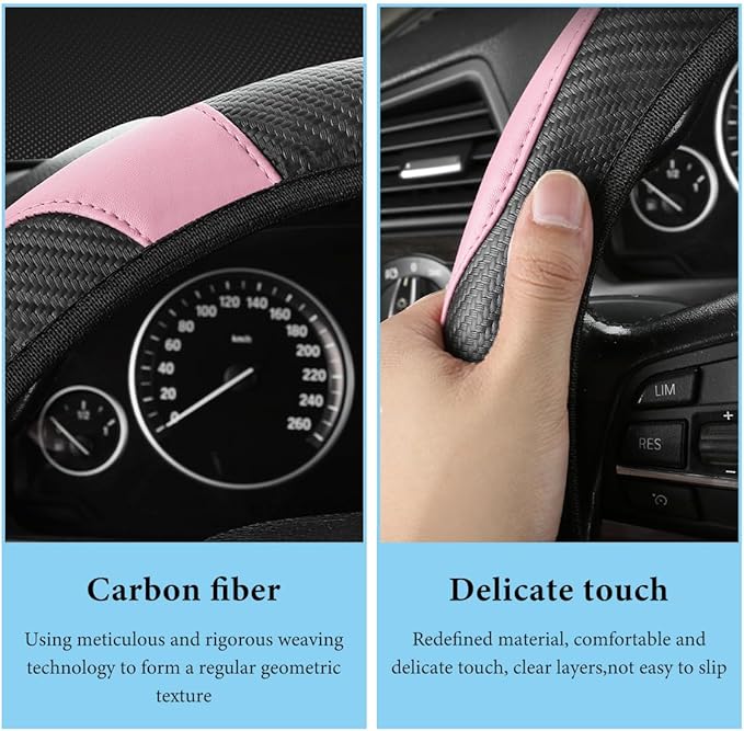 Car Steering Wheel Cover, 15 Inch Anti-Slip Stretch Leather Steering Wheel Protector, Comfortable Breathable Sporty Steering Wheel Cover for Women Men, Car Accessories (Black & Pink)