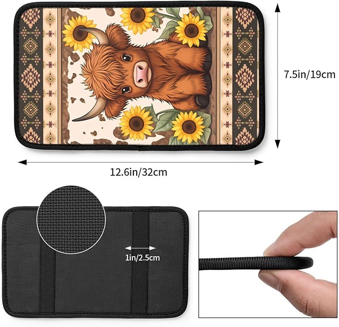 Universal Car Center Console Cushion Pad, Cute Highland Cow Sunflower Soft Waterproof Car Center Console Cover Auto Armrest Seat Box Cover Protector for Most Vehicle SUV Truck Car