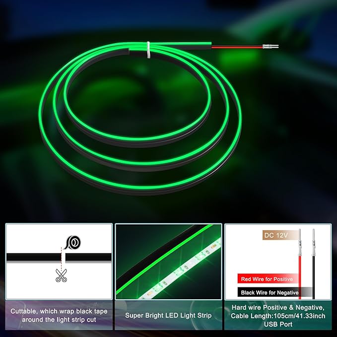 Acrylic Interior Car LED Strip Light with 6mm Sewing Edge - 43.3 inches Ambient Lighting Kits, Neon LED Strip Light(110CM/43.3IN, Green)