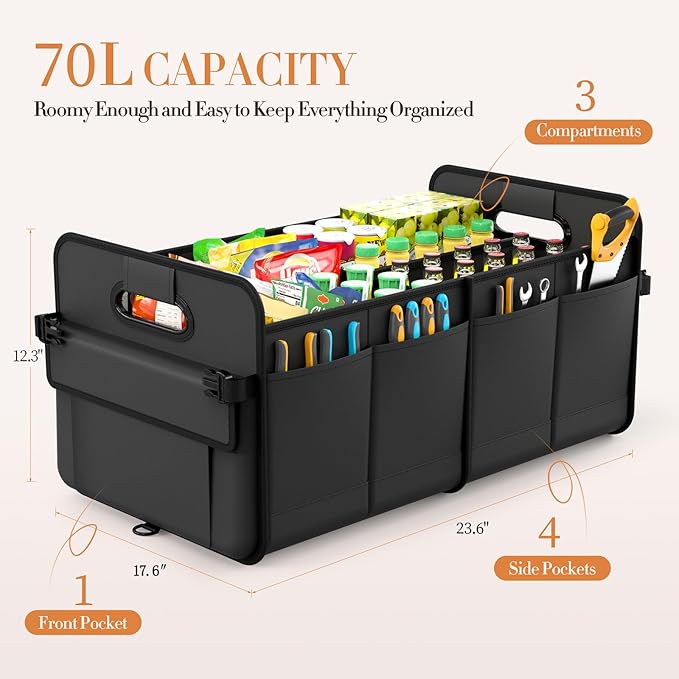 titiyiof Trunk Organizer For Suv & Sedan,Car Organizers and Storage, Waterproof Collapsible & Adjustable Straps,70L Sturdy Car Organization for Car Accessories, Tools,Sundries,2-3 Compartment（Black