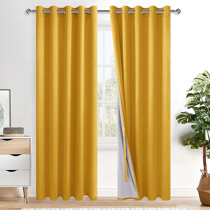 XWZO 100% Blackout Curtain Panels - Thermal Insulated Black Liner Curtains, Noise Reducing and Heat Blocking Drapes for Hall and Studio Windows with Tiebacks, Yellow, W60 x L84, Set of 2