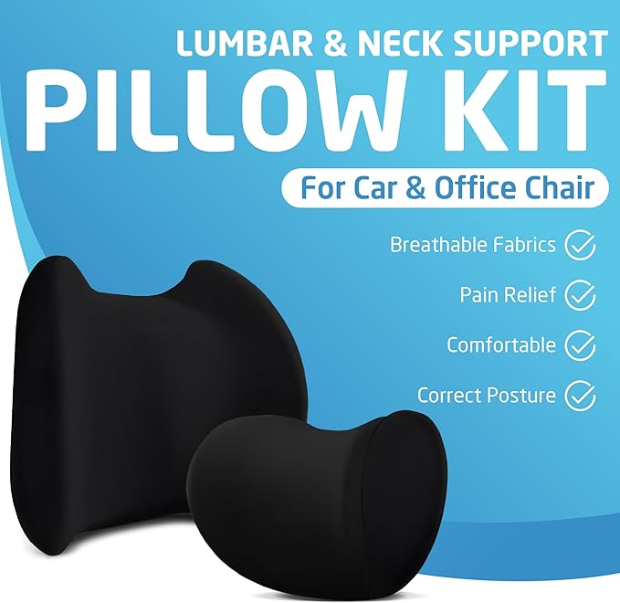 Lumbar & Neck Support Pillow Kit - Black - Back & Neck Support Pillow for Car & Office Chair - Memory Foam Pillow - Ergonomic Pillow for Neck & Back Pain