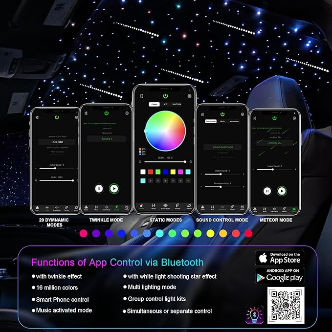 Small Size Fiber Optic Starlight Headliner Kit, Shooting Stars + Twinkle + Sound-Activated APP& Remote Control Starlight Engine for Car Home, 350pcs 9.8ft