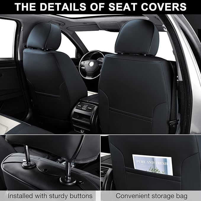 Car Seat Covers Front Pair, Breathable Nappa Leather Car Seat Cushions 2PCS, Auto Interiors Universal Fit for Most Cars, Compatible Automotive Vehicles(Sedan/SUV/Van), Black & White