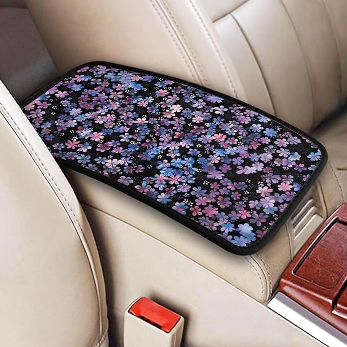 Car Center Console Cover Pad Cherry Blossom Purple Pink Armrest Box Mat Vehicle Arm Rest Cushion Protector Floral Flower Aesthetics Art Black Bohemian Consoles Rest Pillow