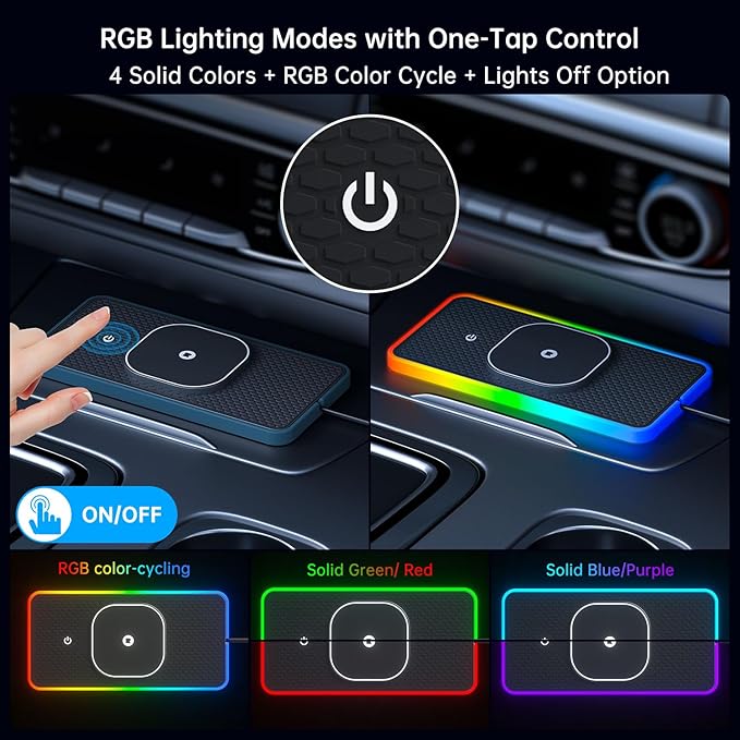 RGB Wireless Car Charging Pad for Magsafe, REESTECQI 15W LED Magnetic Wireless Charger for Car Non Slip Type C Charging Mat with 40W Car Charger Compatible with iPhone 17-12, Airpods (30CM Cable)