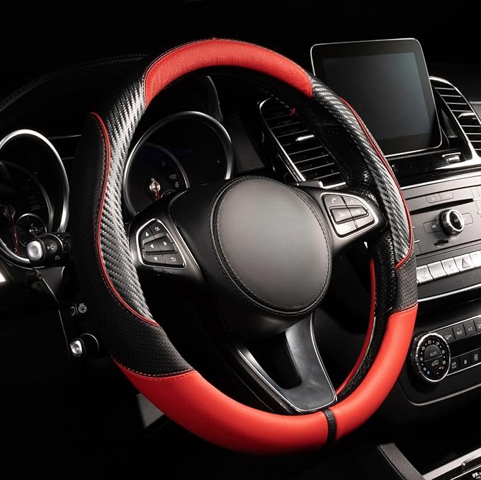 Lord Autofashion Steering Wheel Cover – PU Leather, Non-Slip Rubber Inner, All-Season Comfort – 14.5–15 Inch (Black/Red 7685)