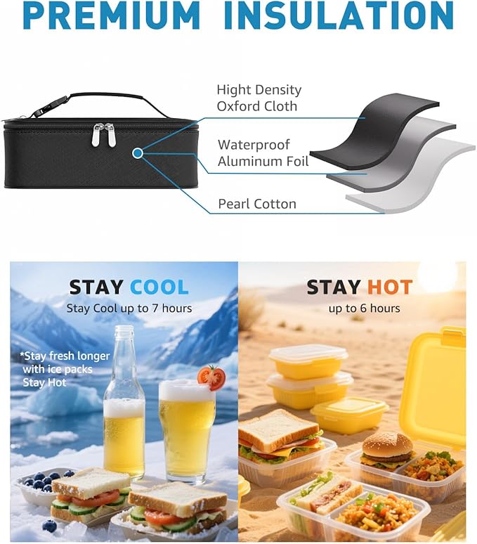 Small Lunch Box Insulated Lunch Bag for Women Men, Bento Kids Lunch Box, Compact Portable Thermal Meal Cooler Bags with Buckle Handle for Work & School, Black, 5L