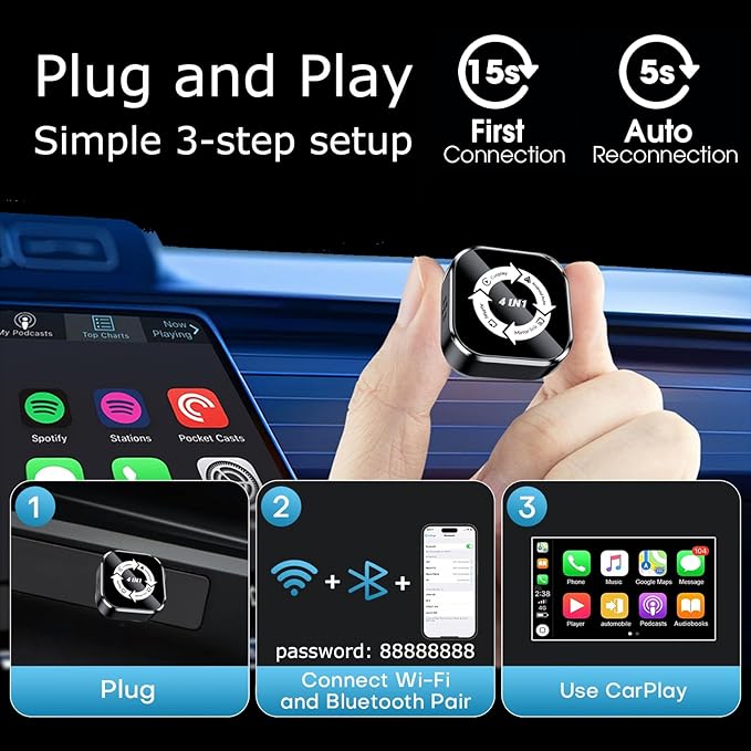 Wireless CarPlay Adapter 4-in-1,2026 Upgraded Screen Mirroring,Support Mirror Link/AirPlay for Apple CarPlay & Android Auto,for Cars with Wired CarPlay, Fast Auto-Connection, Plug & Play