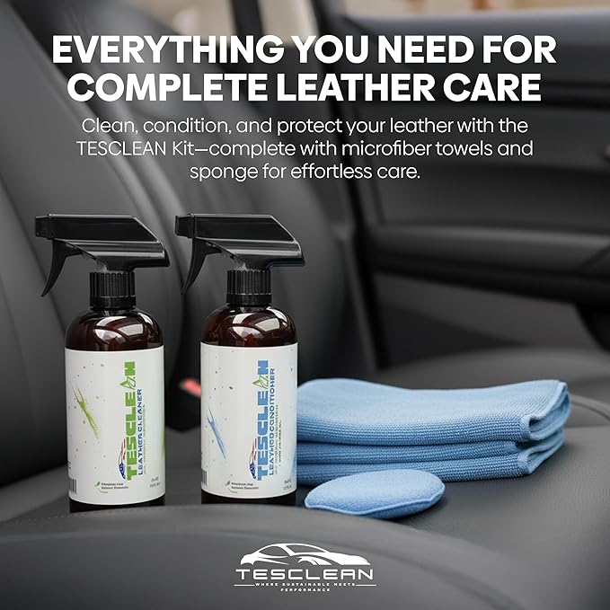 Tesla Leather Seat Cleaner & Conditioner, Made in the USA, Tesla Cleaning Kit Interior V egan Conditioner Electric Vehicle Interiors, Fits Model S, 3, X, Y (2026), Includes Microfiber Cloth & Sponge