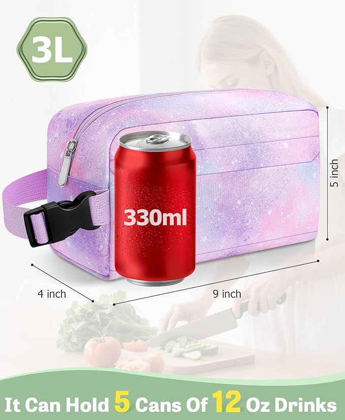 Small Insulated Snack Bag Lunch Bag for Kids Lunch Box for Women/Men, Collapsible [3L/5-Can] Reusable Lunch Bag Cooler Bag for Bottle with Handle Buckle for Work/School/Travel,Pink Starry Sky