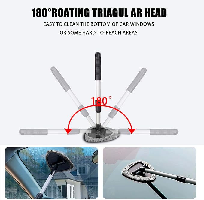 Windshield Cleaner Tool - Portable Car Interior Window Cleaning Kit with Extendable Handle, 4 Microfiber Towel Pads, Auto Glass Wiper for Windshield, Universal for RV, SUV, Truck (Gray)