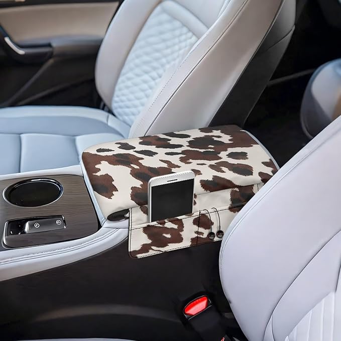 Dreaweet Brown Cow Print Center Console Cover Thick Arm Rest Cover for Car Women Cute Car Accessories Interior Comfy Anti Slip Middle Console Cushion Cover Pad with Pockets