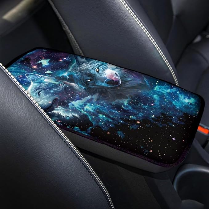 Blue Galaxy Wolf Print Center Console Cover for Men,Fashion Armrest Cover Pad for Cars SUV Sedan