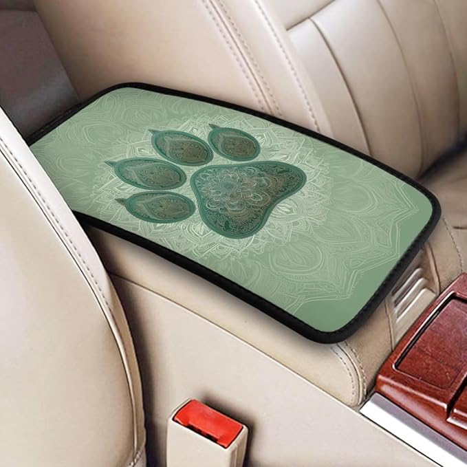 Universal Center Console Cover Dog Paw Print Arm Rest Covers Armrest Cover Boho Vintage Sage Green Middle Console Covers Lid Cushion Pad for Most Vehicle, SUV, Sedan, Car Accessories