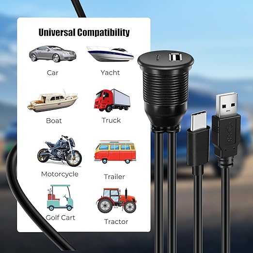 Dual Port USB A/C 2.0 Male to USB A/C 2.0 Female Extension Cable,Flush Mount Waterproof Panel Cable for Car,Truck,Boat,Motorcycle Dashboard 3.3ft
