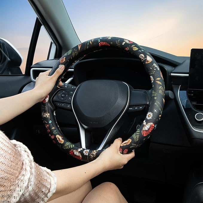 Mushroom Steering Wheel Cover Auto Leather Steering Wheel Protector, Anti-Slip, Breathable, Absorbing Sweat, Universal Mushroom Car Accessories 14.5–15 inch,Fit for Most Car, Trucks, SUV