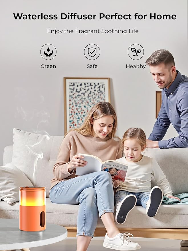 Waterless Diffuser for Essential Oil: Mini Battery Scent Diffuser for Room&Home&Car with 9 Colors LED Light - Portable Aroma Cool Mist Machine Bright Orange