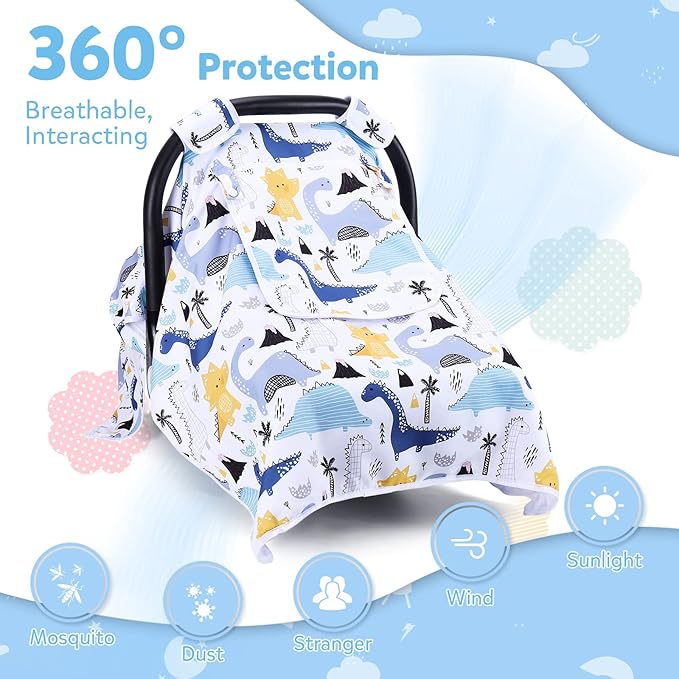 THE KENKYO Car Seat Cover for Babies, Breathable Carseat Cover for Boys Girls, Kick-Proof Infant Car Seat Canopy with Mesh Peep Window and Sun Shade, Windproof Stroller Cover for All Seasons