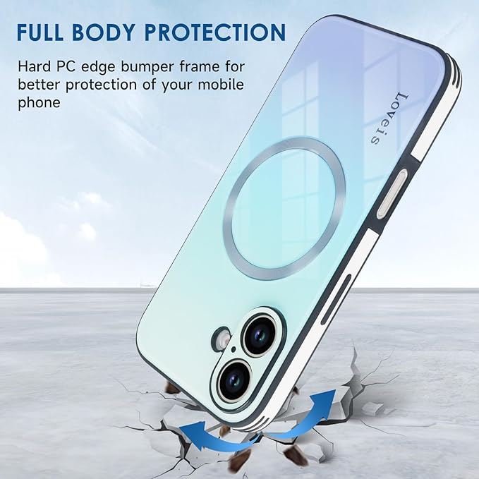 Guppy Compatible with iPhone 16 Case Magnetic, with Full Camera Lens Protector [Compatible with MagSafe] Scratch Resistant Gradient Glass Back Cover Phone Case-Blue