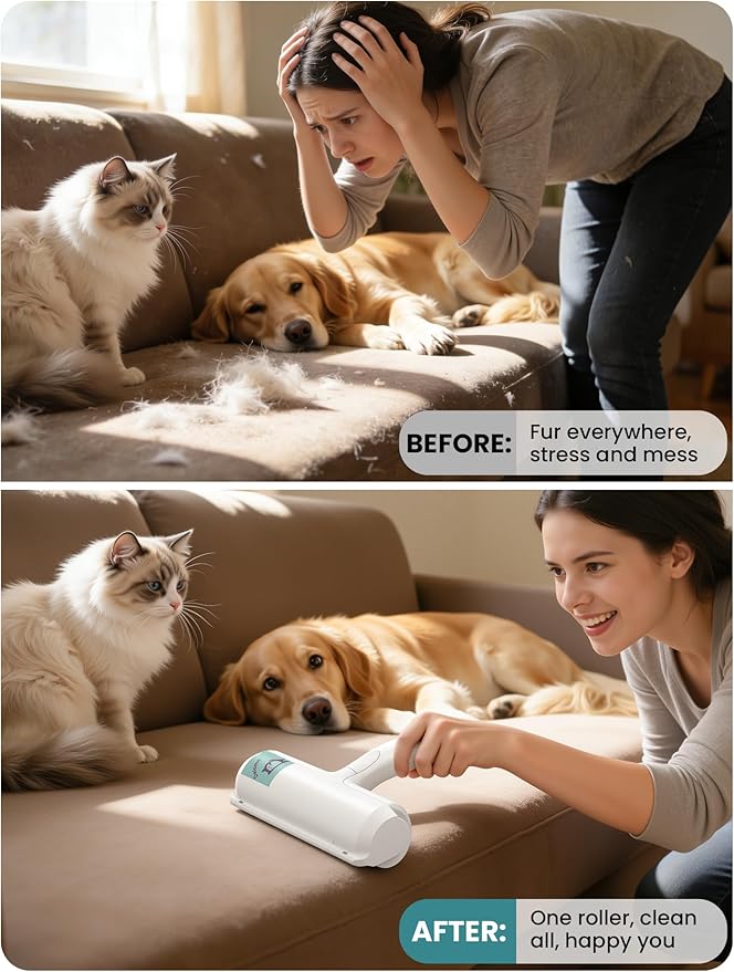 DELOMO Pet Hair Remover Roller: Reusable Lint Roller with Large Fur Bin - Portable Cat and Dog Hair Remover for Couch, Bedding, Car, Rugs & Furniture, Effective and Eco-Friendly, for Multi-Pet Homes