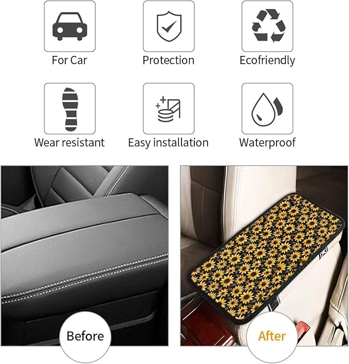 Car Center Console Cover Yellow Sunflower Universal Armrest Seat Box Cover Protector Flower Floral Car Accessories Flower Floral Armrest Seat Box Cover Protector for Truck Van Sedans