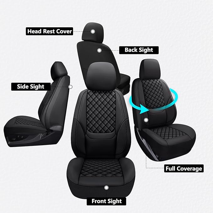 Wrangler Seat Covers 2007-2026 Front Pair, Waterproof Leather Interior Sets with Lumbar Support Custom Fit for Jeep Wrangler JK JL 2/4 Door Unlimited Sahara/Sport/Rubicon X 392 Willys, Black