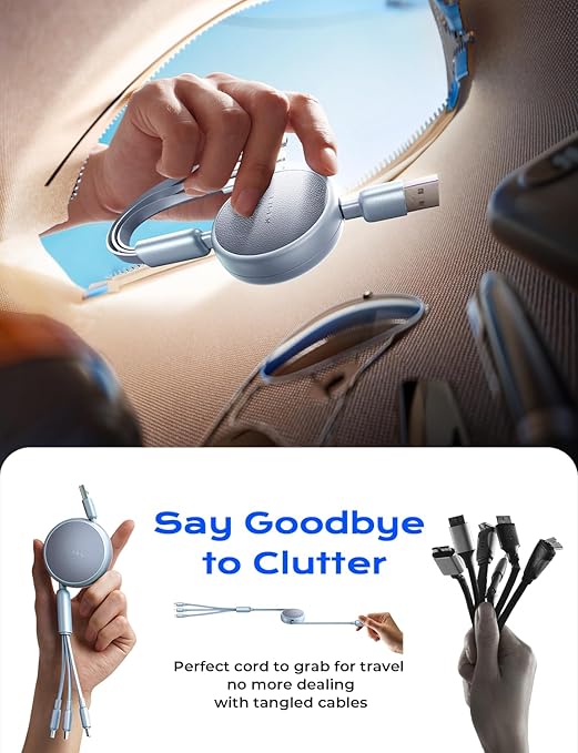 LISEN Multi Charging Cable 3 in 1 iPhone 16 Charger Cord, Retractable Car Charger Type C Cable, Retractable iPhone Charger Cord with Type C/L/Micro USB for iPhone/Samsung/PS/Kindle,Blue