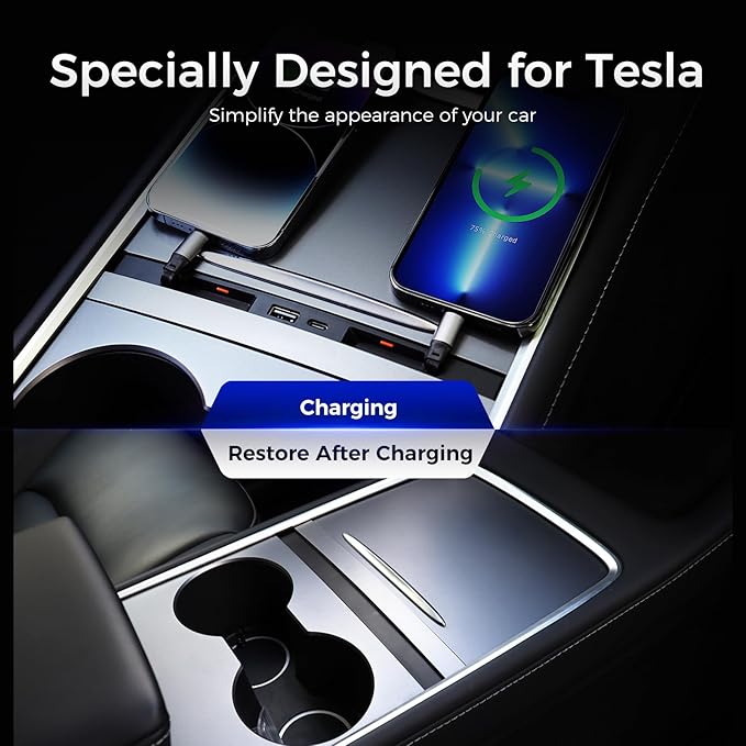 Upgrade USB Charger Hub for Tesla Model Y&Model3, 4-Ports Center Console Retractable Phone Charger,for ModelY/3 Accessories 2024 2023 2022 2021 (for Model Y/3(2021-23)-2 Type C)