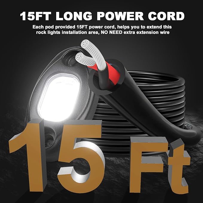 Pure White Rock Lights-24Chip High Power 6000k Pure White, 15FT Cable Each Light, Aluminum Case, Waterproof IP68 Underglow Lights for Trucks Jeep UTV ATV(8 PCS)