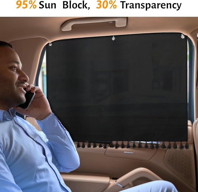 Car Window Shades with Tassels, 2pcs Car Sun Shades for Side Windows Suction Cups Screen Privacy Blackout Curtain for Baby, Sun Glare Cover/UV Heat Blocker