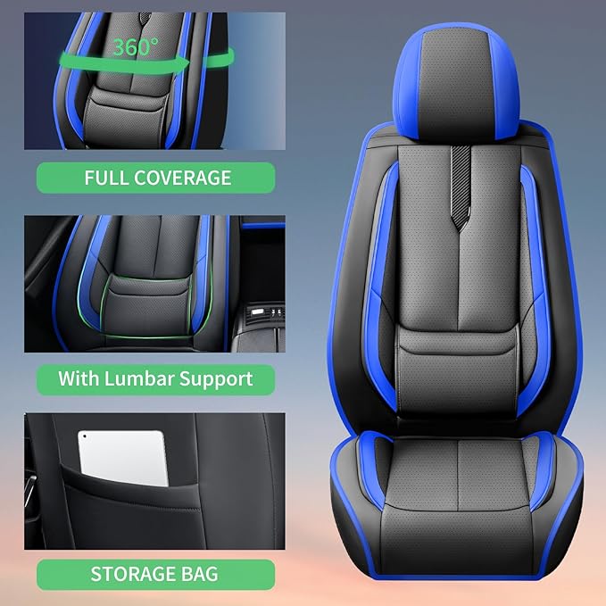 Fit Forester Car Seat Covers for Subaru Forester 2007-2024 2025 2026 -Upgraded Premium Waterproof & Breathable Leather,Airbag Compatible,All-Weather Seat Cushion Protector,2 Front/Black-Blue