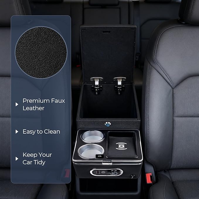 Vehicle Center Console Organizer with 7-Color Ambient Light & 10W Wireless Charging - Lockable Storage & Dual Cup Holders for Minivans, SUVs & Vans 10.24 inch Wide