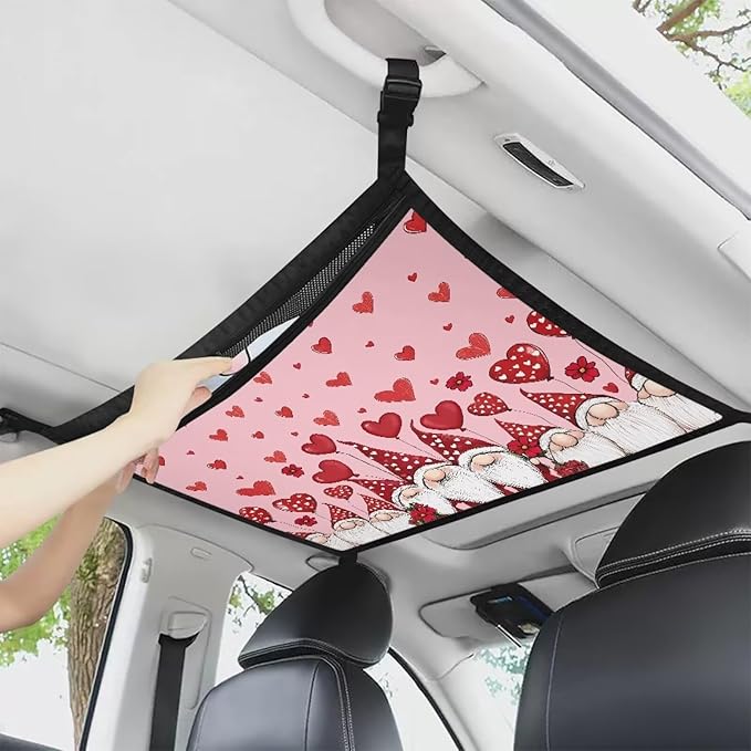 Generic Gnomes Hearts Car Ceiling Cargo Net Pocket Storage Net,31.69"x24.02" Adjustable Strap to Reduce Sagging Car Roof Storage Organizer, Car Camping Essentials Valentine's Day Decorations