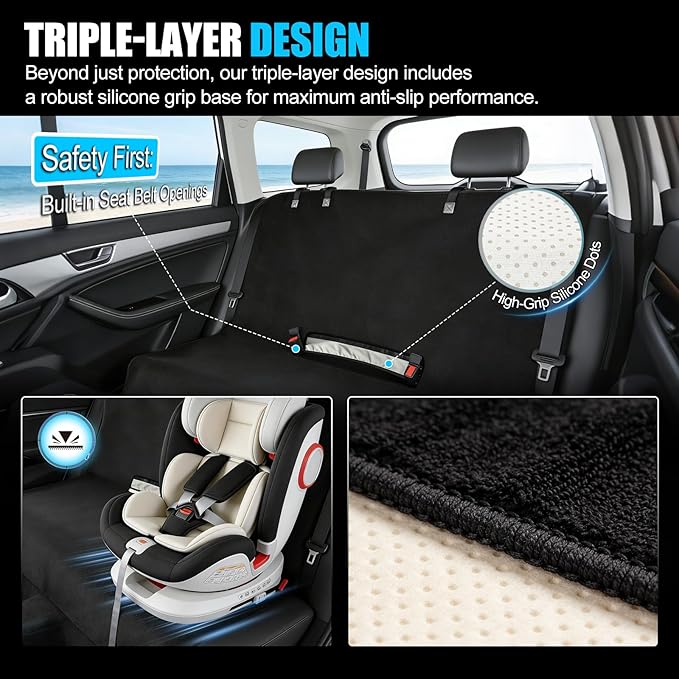 Universal Waterproof Terry Cloth Car Back Seat Cover - Heavy Duty Sweat Towel Rear Seat Protector for Post-Gym, Yoga, Beach, Pets & Kids - Machine Washable, Non-Slip Backing, Black (55" x 29")