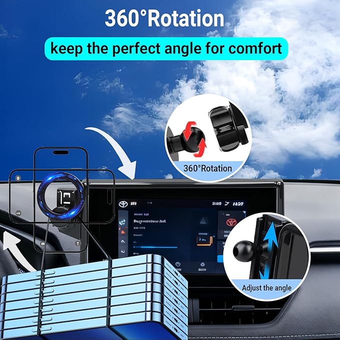 Car Phone Holder for 2019-2025 Toyota RAV4 Accessories, 360° Rotation, Compatible with MagSafe 25 Pieces of N52 Super Strong Magnets(for 7/8-inch Screen only)