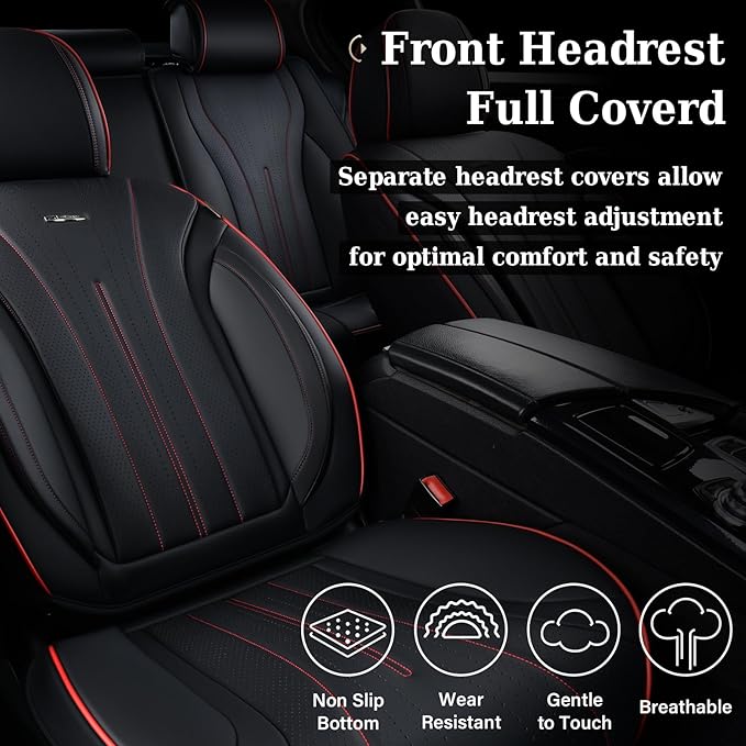 Coverado Car Seat Covers Full Set, Leather Seat Covers for Car, Waterproof Seat Covers, Automotive Seat Cushions, Breathable Car Seat Protector Universal for Most Sedans, Trucks, SUV (Black &Red Line)