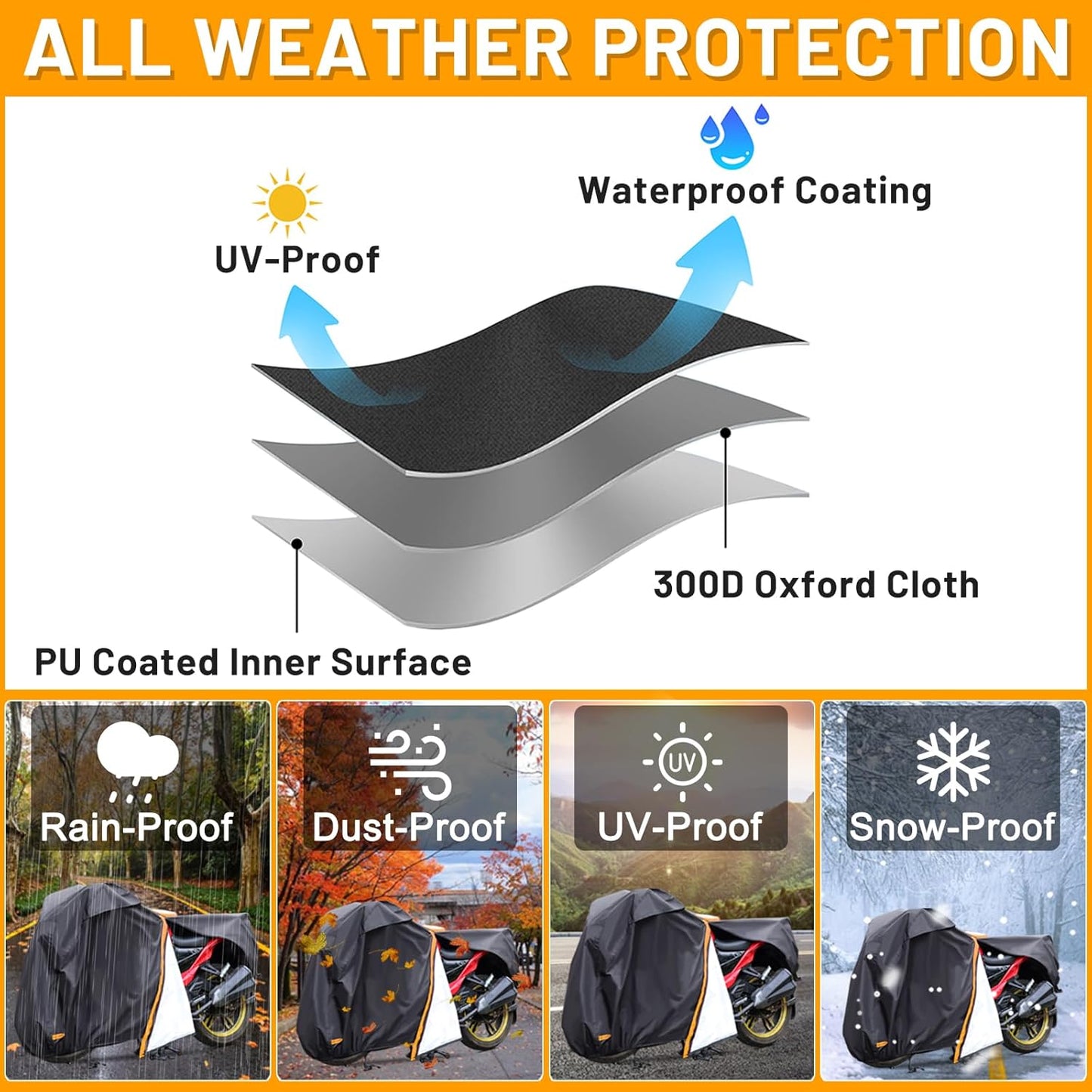 Motorcycle Cover,Waterproof Zipper Outdoor Cover for All Seasons Windproof, High Heat Resistance Dustproof and Rainproof Snowproof(Orange Zipper XXXL Fits Up to 116 inch)