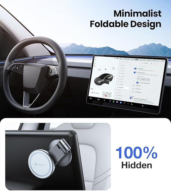 VICSEED Tesla Phone Mount【Strongest Magnet Power】 Foldable Hidden Tesla Phone Holder Fit for All Phones, Tesla Model 3/Y/Cybertruck Accessories, Tesla Model 3 Model Y for MagSafe Car Mount - White