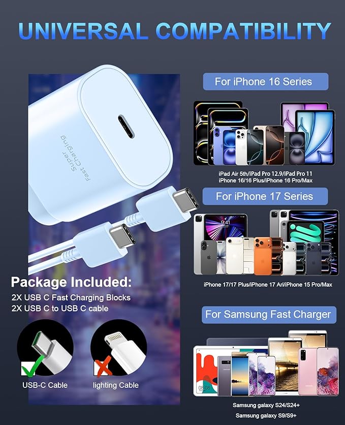 Phone 17 16 15 Charger Fast Charging,30W USB C Phones 17 16 15 Pro Max Charger Block &6.6FT Long Type C Cable Cord for i.Phone 17/17 Air/17Pro/17 Pro Max/16/16 Plus/16 Pro/16Pro Max/15/15 Pro Max,Blue