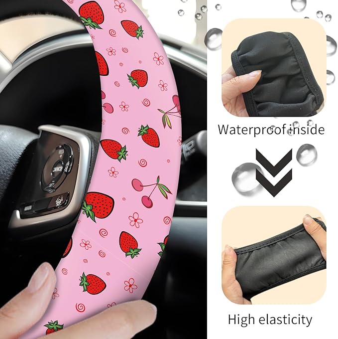 Car Steering Wheel Cover, Universal 15 Inch Neoprene Non-Slip Steering Wheel Covers, Funny Car Accessories for Women Men Fit Auto, Suvs, Truck Cute Pink Cherry Strawberry