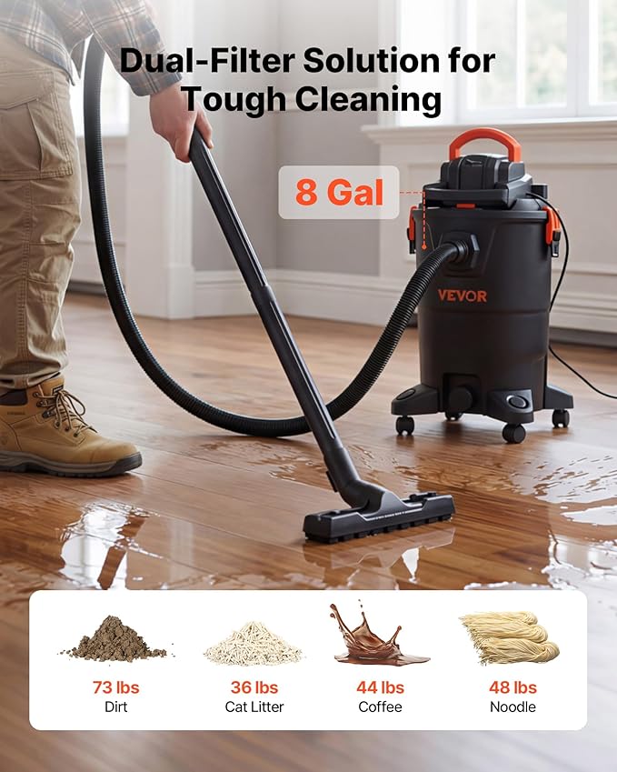 VEVOR 3-in-1 Shop Vac, 8 Gallon Wet Dry Shop Vacuum, 4.5 Peak HP Portable Vacuum Cleaner with Blower, Dual-Filter, 950W Input Power, 1.25in x 7ft Hose, 9.8ft Cord for Jobsite, Workshop, Garage, Home