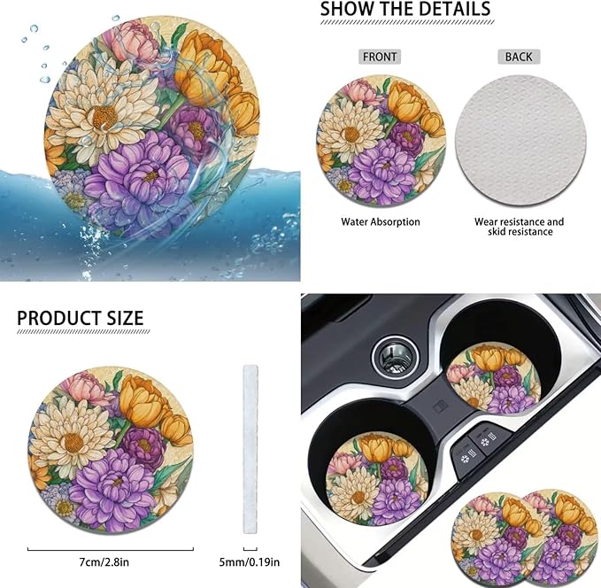 Yellow Chrysanthemum Print Car Steering Wheel Cover Sets Cup Holder Handbrake Gear Cover Armrest Cover Car Interior Accessories -6pcs