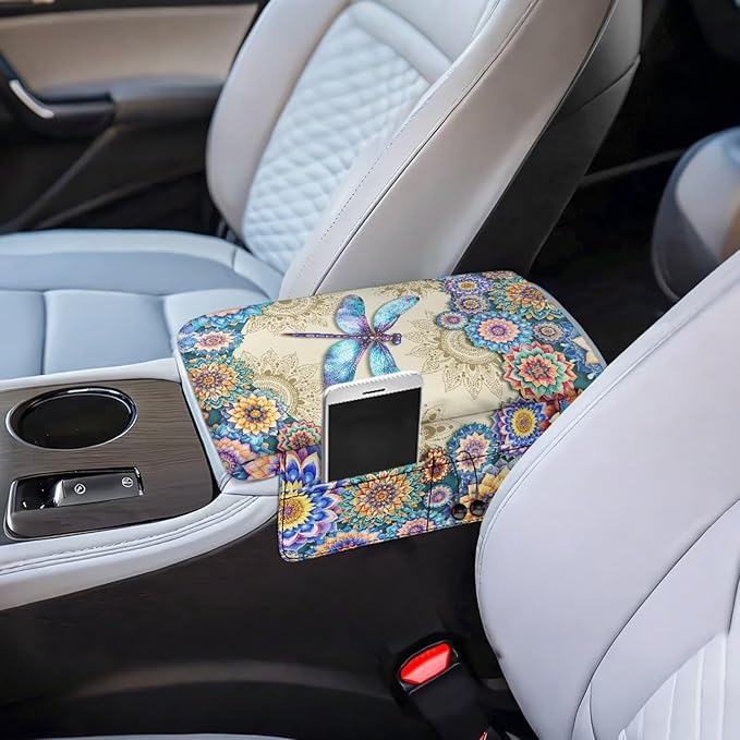 Dreaweet Boho Dragonfly Car Center Console Cover Thick Comfortable Console Console Armrest Pad Universal Arm Rest Cover for Car SUV Truck Sedan Armrest Storage Box Cover Pad