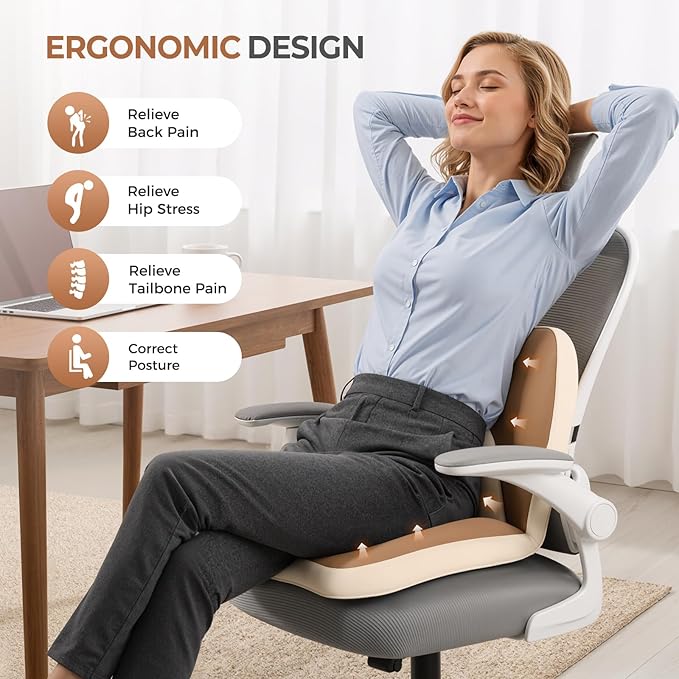 FLORICH 2 in1 Truck Seat Cushion and Lumbar Support Pillow Memory Foam Car Seat Cushion with Adjustable Strap for Truck Driver Long Drives, Fits Semi Truck Seat,Car,Office&Gaming Chair(Light Brown)