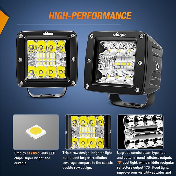 Nilight 2Pcs 3Inch 42W LED Cubes Upgraded Spot Flood Combo Square Driving Fog Off Road Lights 12V 5Pin Rocker Switch Wiring Harness Kit-2 Leads