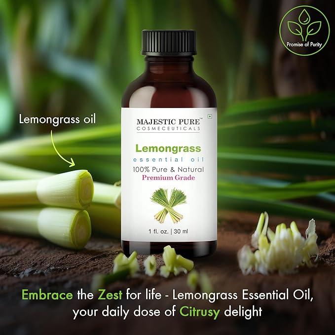 Majestic Pure Essential Oil with Glass Dropper - 100% Pure and Natural - Essential Oils for Diffuser, Aromatherapy, Soap and Candle Making, Lemongrass Essential Oil, Lemongrass Oil, 1 Fl Oz