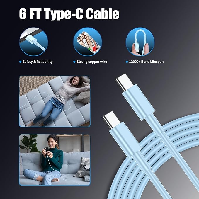 3Pack USB C Charger for Samsung Galaxy S24 Ultra, Super Quite Fast Charging Type C Block with 6FT C to C Cord for Samsung Galaxy Tab S9 S8 S23 Ultra S22 Ultra S23 S22 S21 Note 10 Plus 20,Blue