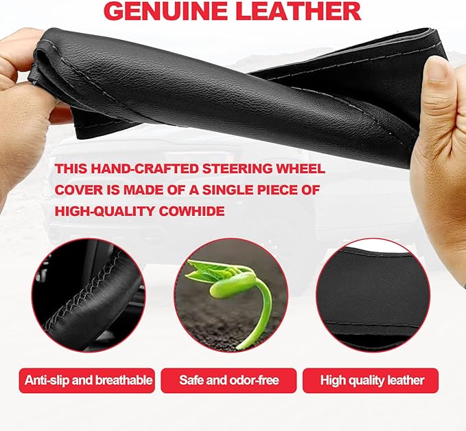 Direct PU Leather Steering Wheel Cover, 15 Inch Non-Slip Breathable/Soft and Comfortable Feeling, Genuine PU Leather Stitch On Wrap for Car Truck SUV - DIY Sewing with Needle Thread (Black)