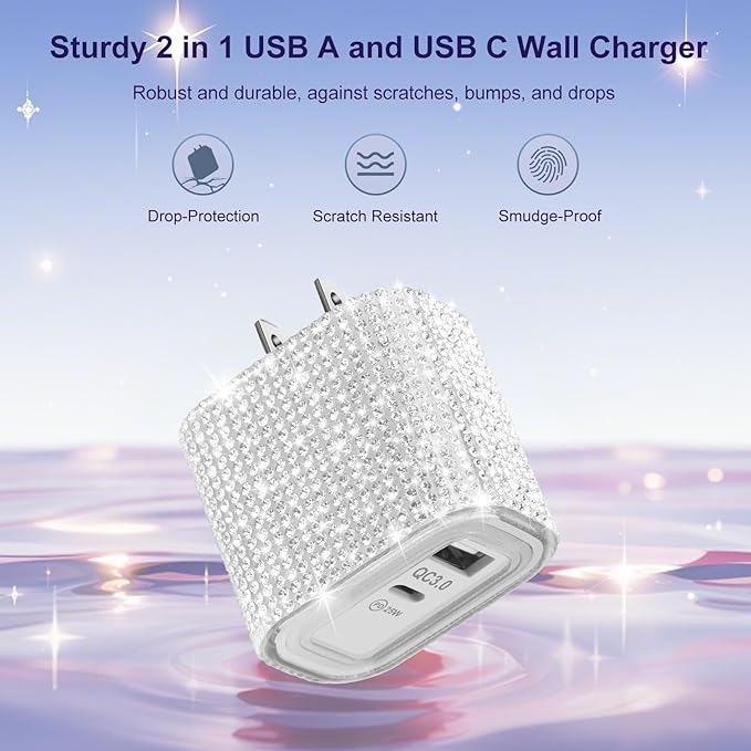 Aolcev for iPhone Charger Fast Charging Bling 2 in 1 USB A USB C Charger Block 25W Type C Fast Charging Blocks for iPhone 17 16 15 14 13 iPad Bling USB C Adapter for Galaxy S26 S25 Rhinestones Sliver